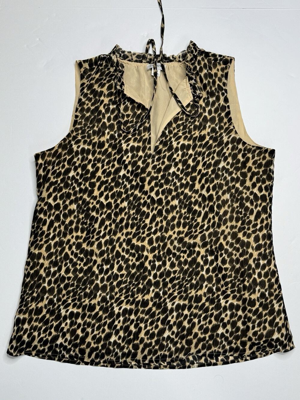 Y2k J.Crew Factory AP121 Leopard Ruffle Tie Neck Sleeveless Blouse Womens XS
